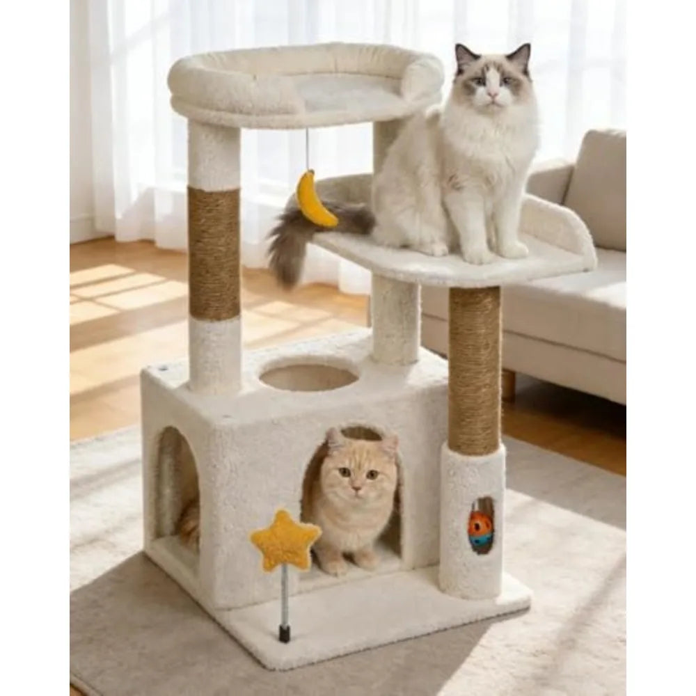 NBVCX Dual Tier Cat Tree With Condo Hammock And Brush