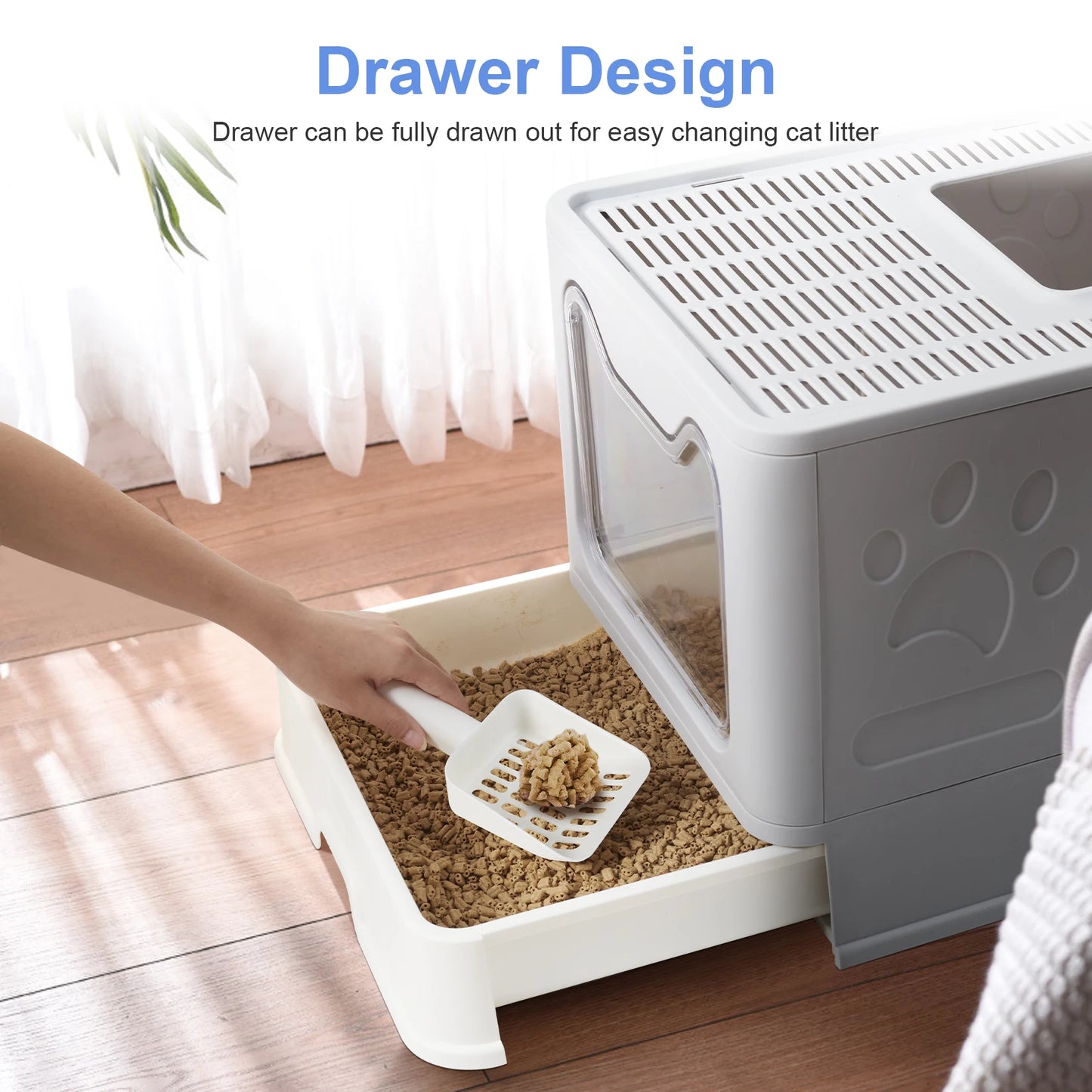 Foldable Cat Litter Box With Front Entry Top Exit Tray