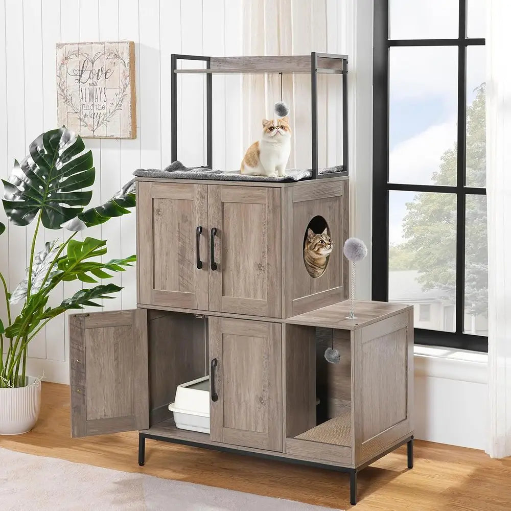 Cat Litter Box Enclosure Cabinet 2 In 1 Hidden Shelves
