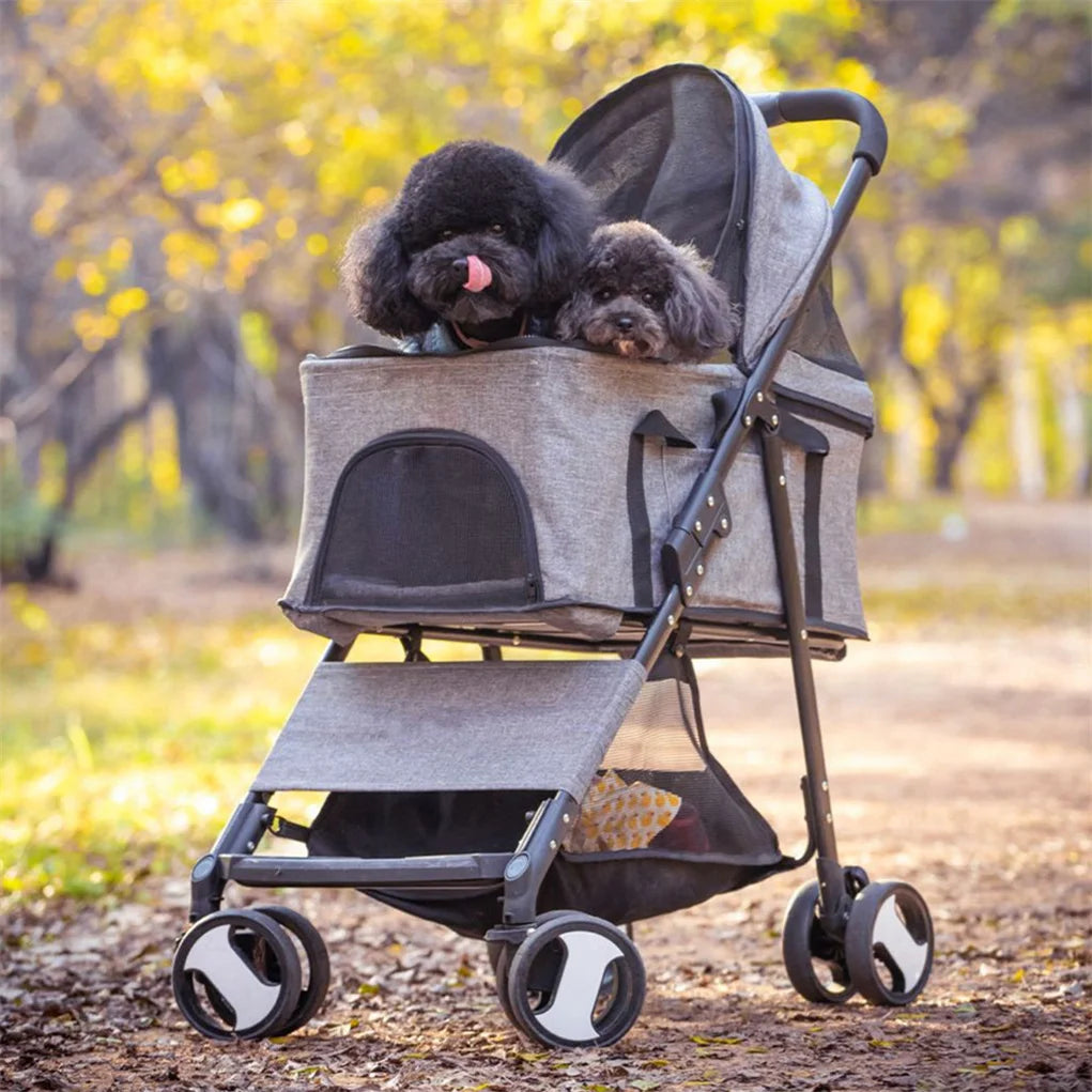 Foldable Pet Stroller With Spacious Storage Basket And Four Wheels