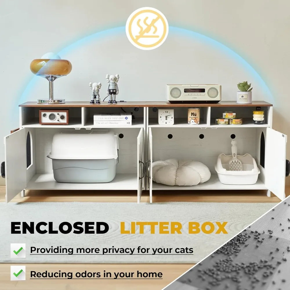 Double Cat Litter Box Enclosure for Two Cats with Outlet
