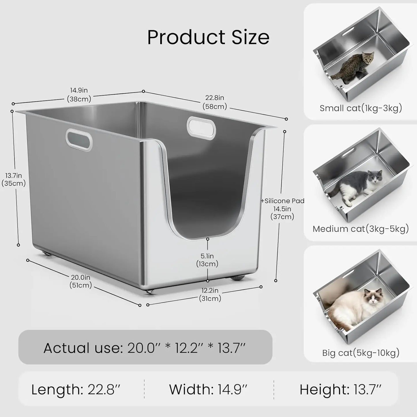Stainless Steel Cat Litter Box With High Sides And Wheels