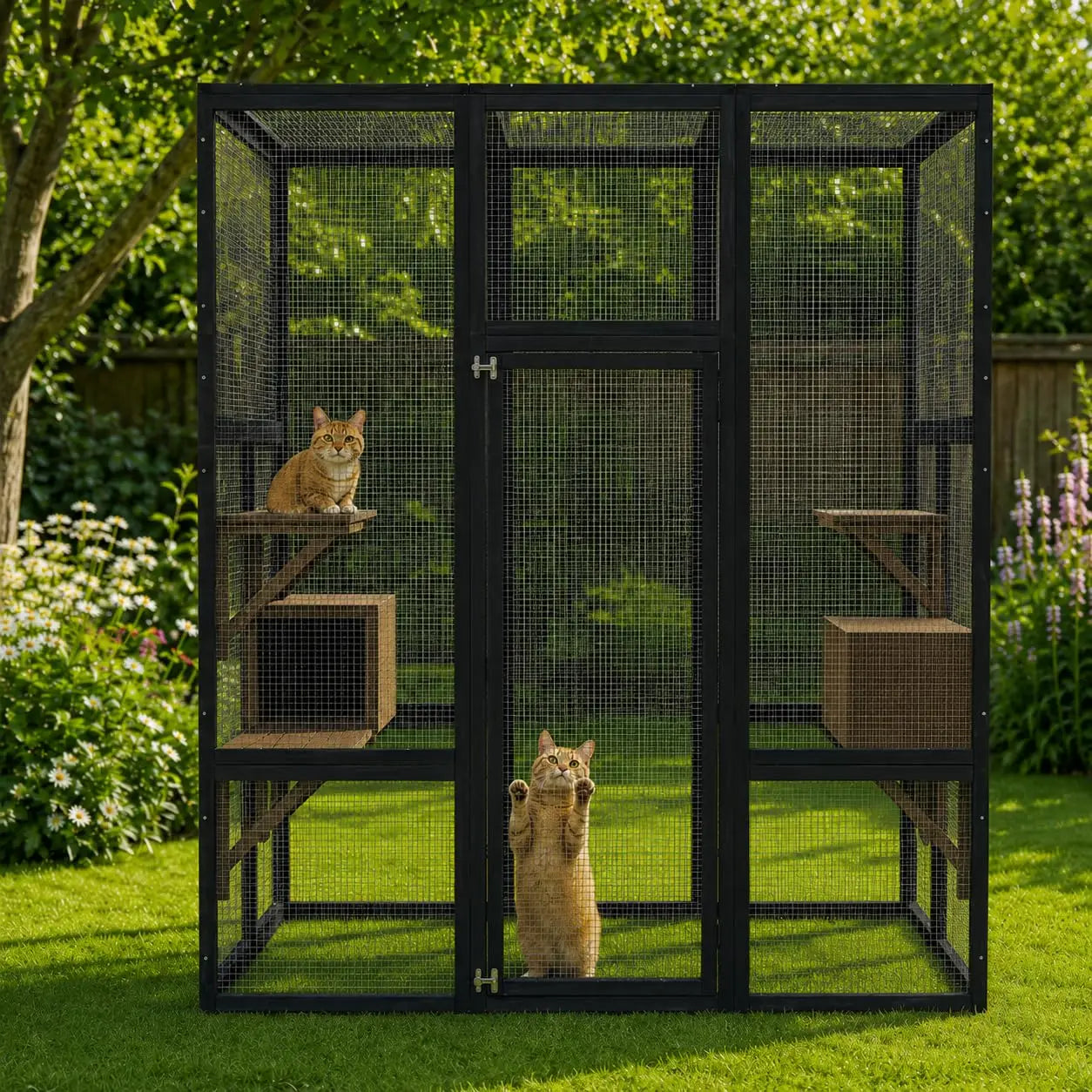 HiMISS Outdoor Catio Cat Enclosure Wooden House With Raised Platforms