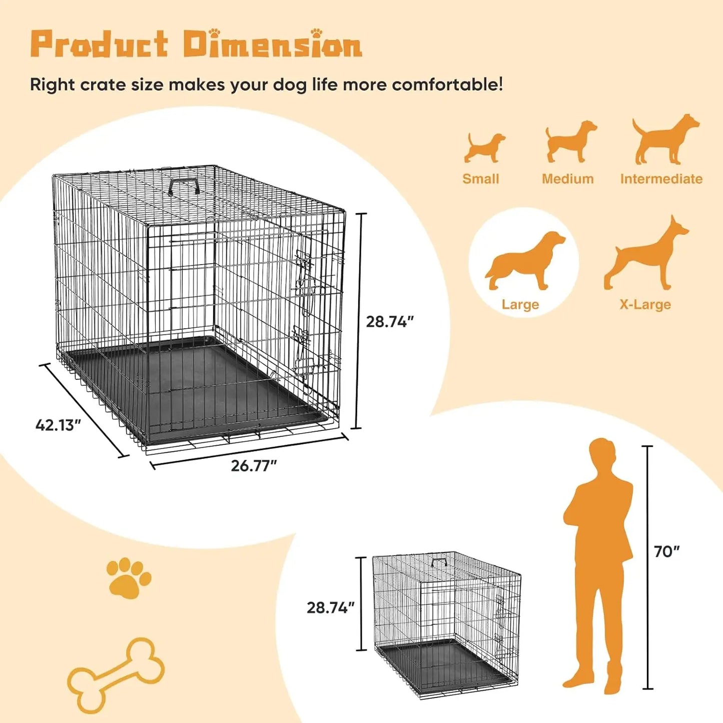 Double Door Dog Cage With Leak Proof Tray Folding Metal Kennel