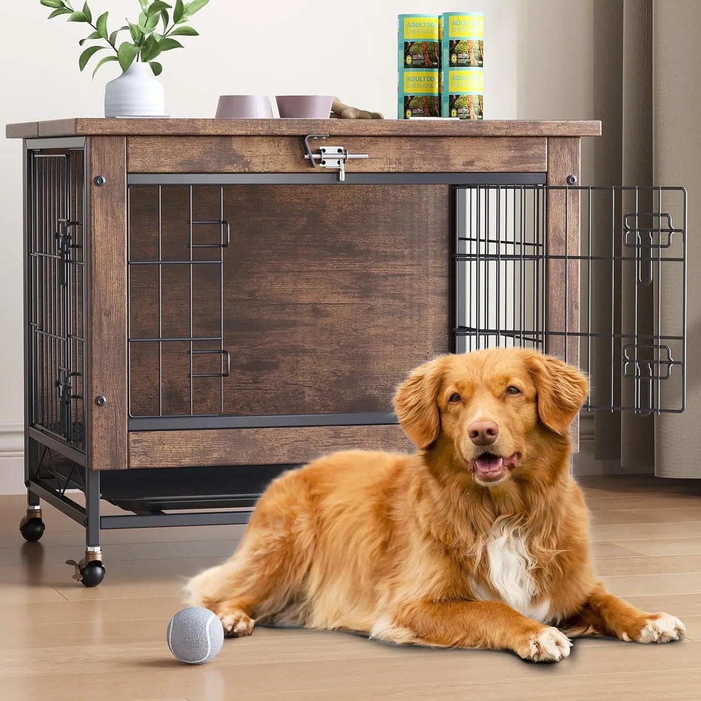 HiMISS Dog Crate Furniture With Wheels Dual Door Tray