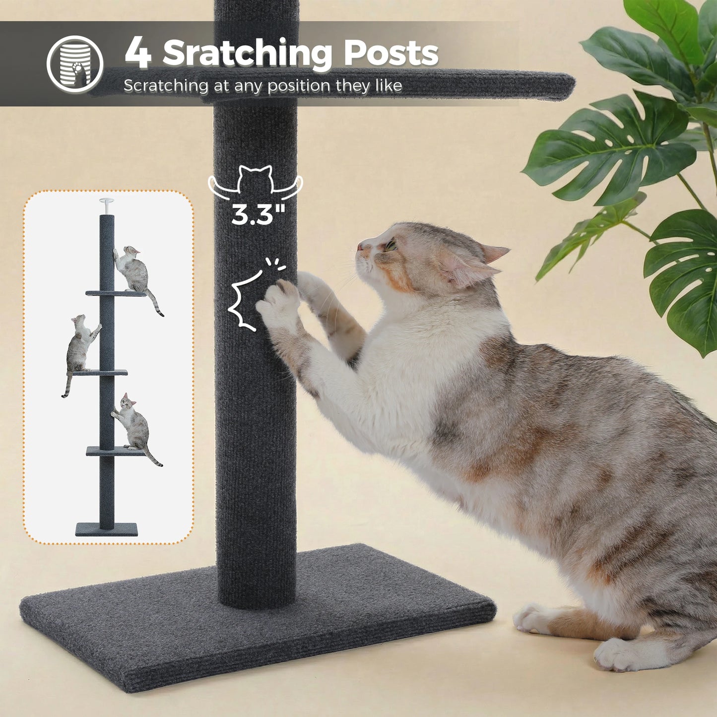 PAWZ Road Floor To Ceiling Cat Tower Adjustable Cat Tree With Scratching Posts