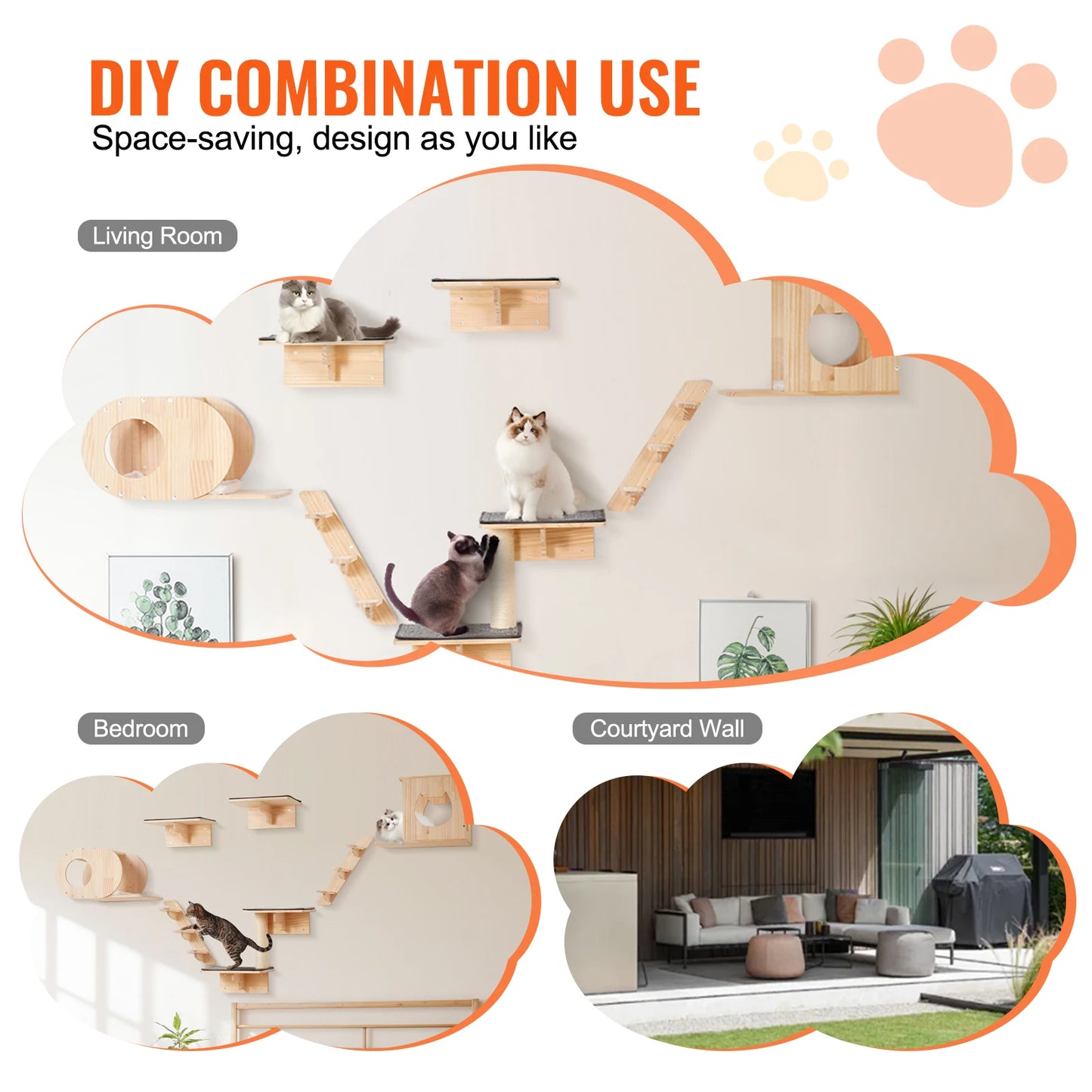 SucceBuy Wall Mounted Cat Shelves And Cat Tree With Hammocks