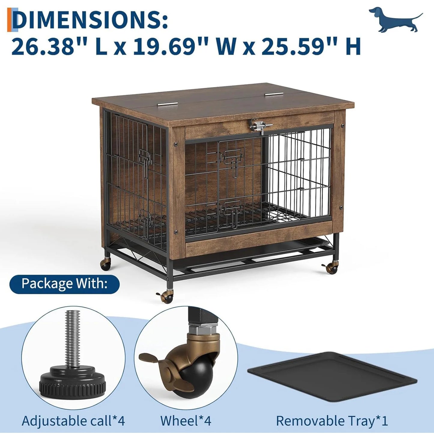 HiMISS Dog Crate Furniture With Wheels Dual Door Tray