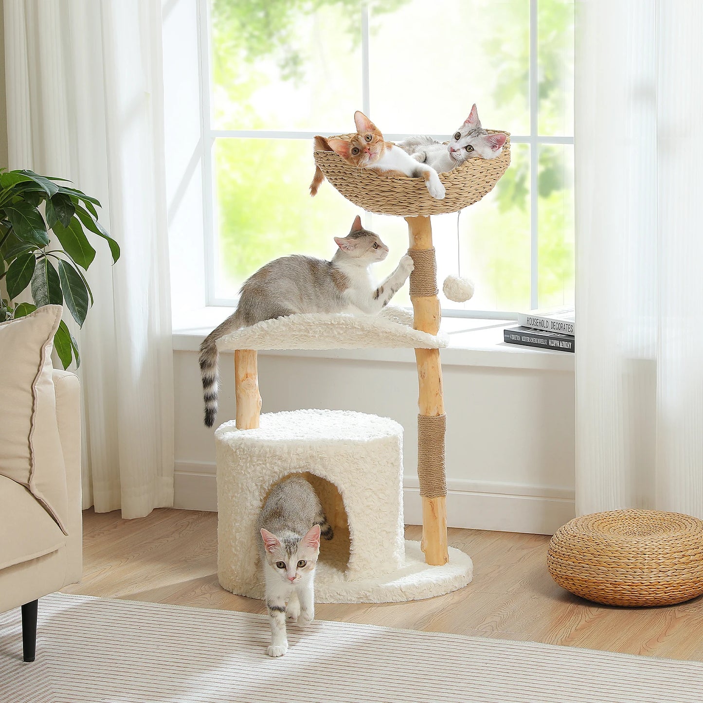 PAWZ Road Modern Cat Tree Tower With Natural Solid Wood Scratching Posts