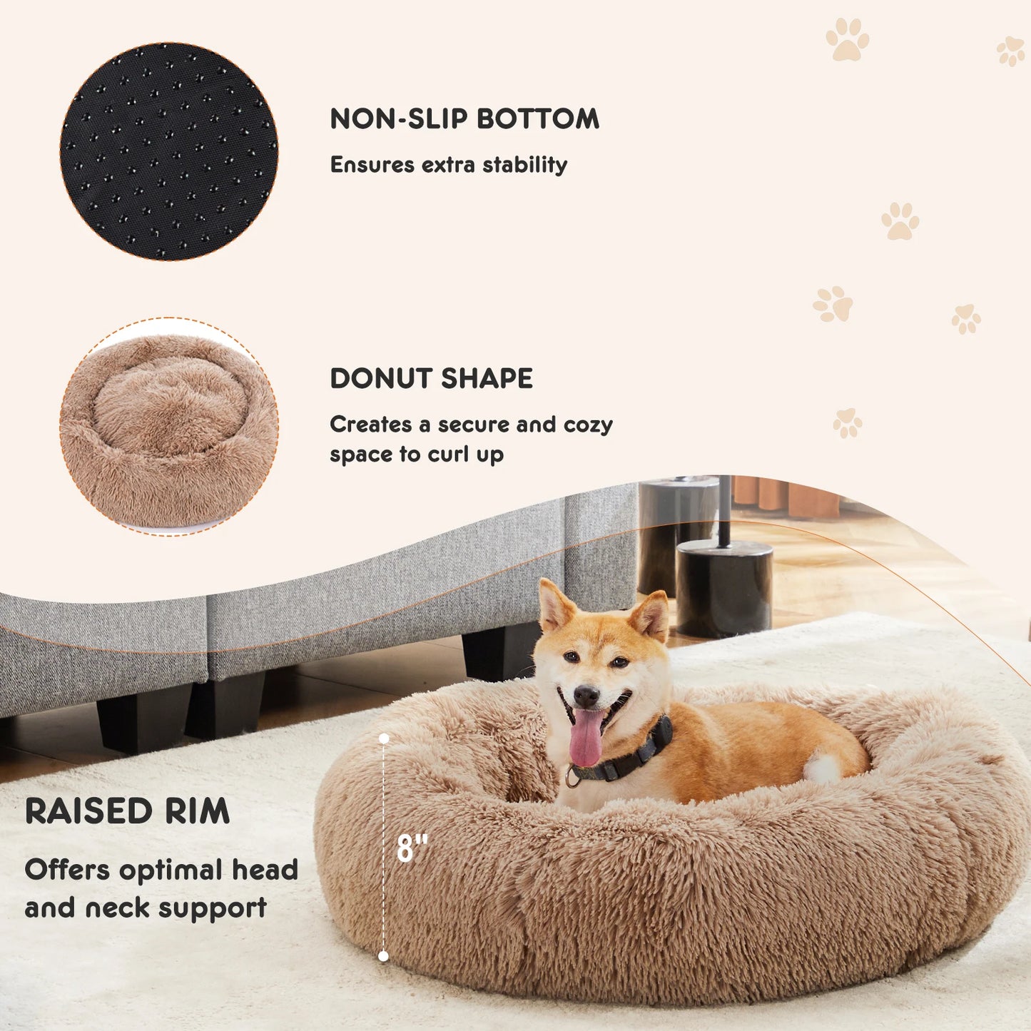 JHK Calming Plush Faux Fur Dog Bed Anti Slip Washable