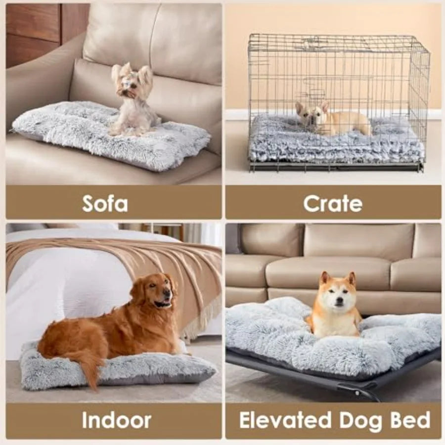 Fluffy Dog Crate Bed Plush Faux Fur Pad Calming Washable For Dogs