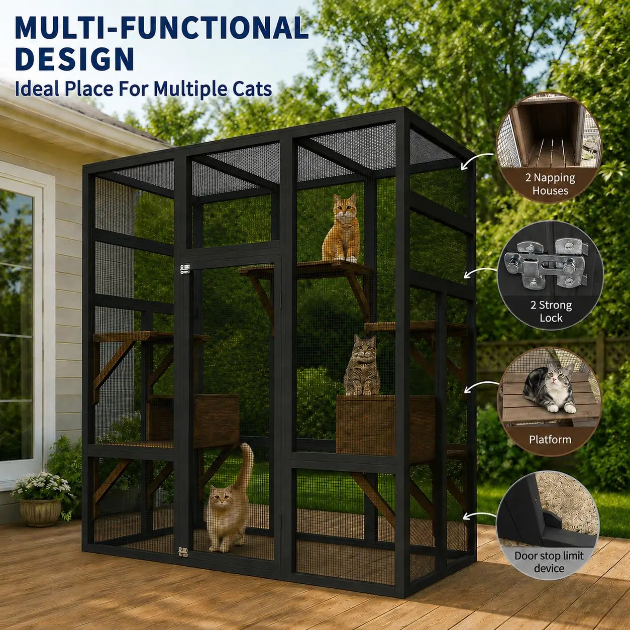 HiMISS Outdoor Catio Cat Enclosure Wooden House With Raised Platforms