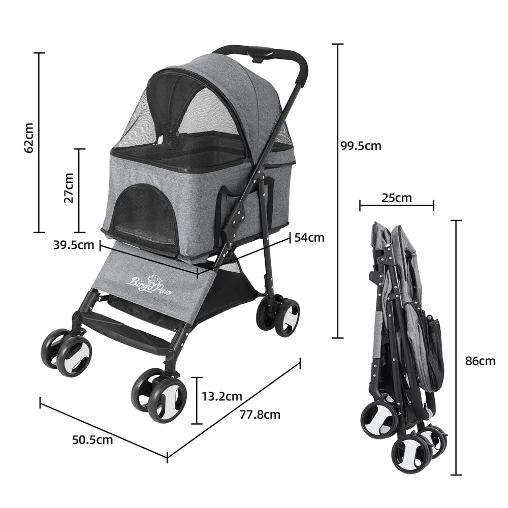 Foldable Pet Stroller With Spacious Storage Basket And Four Wheels