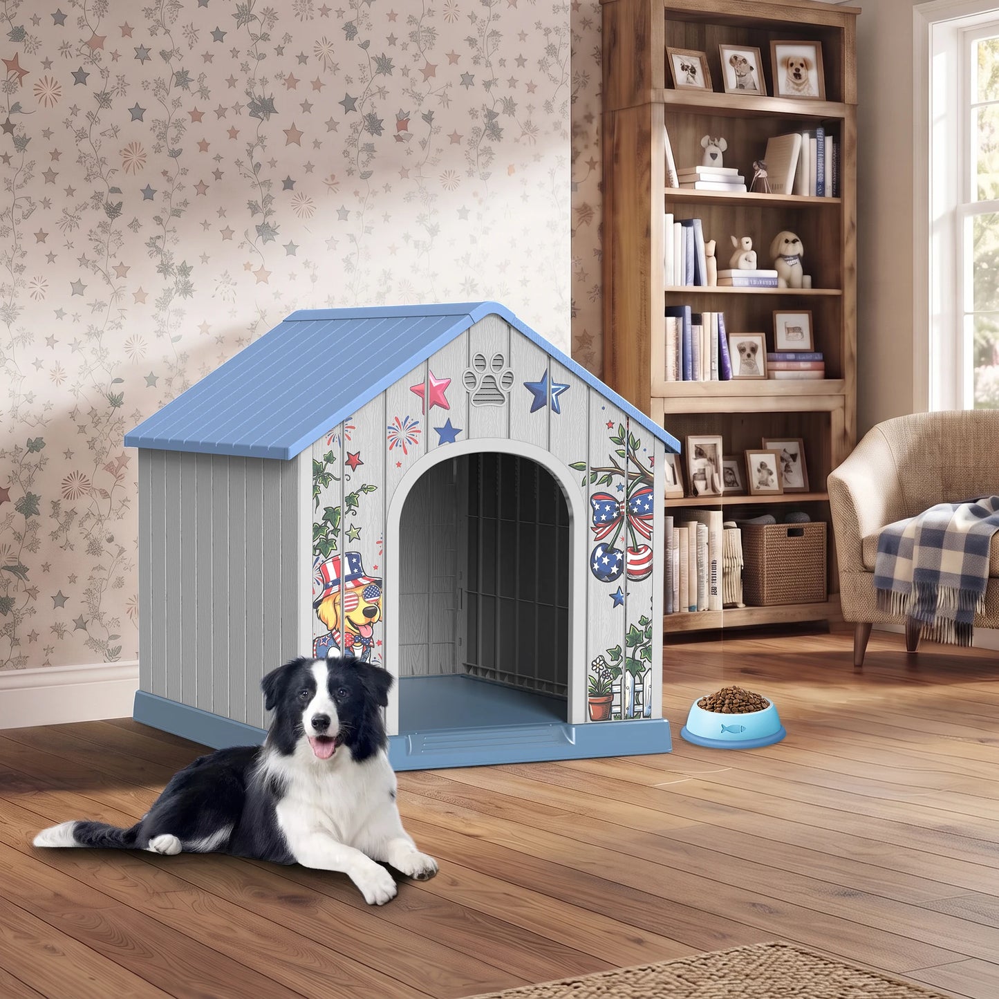 Weatherproof Outdoor Plastic Dog House With Printed Door