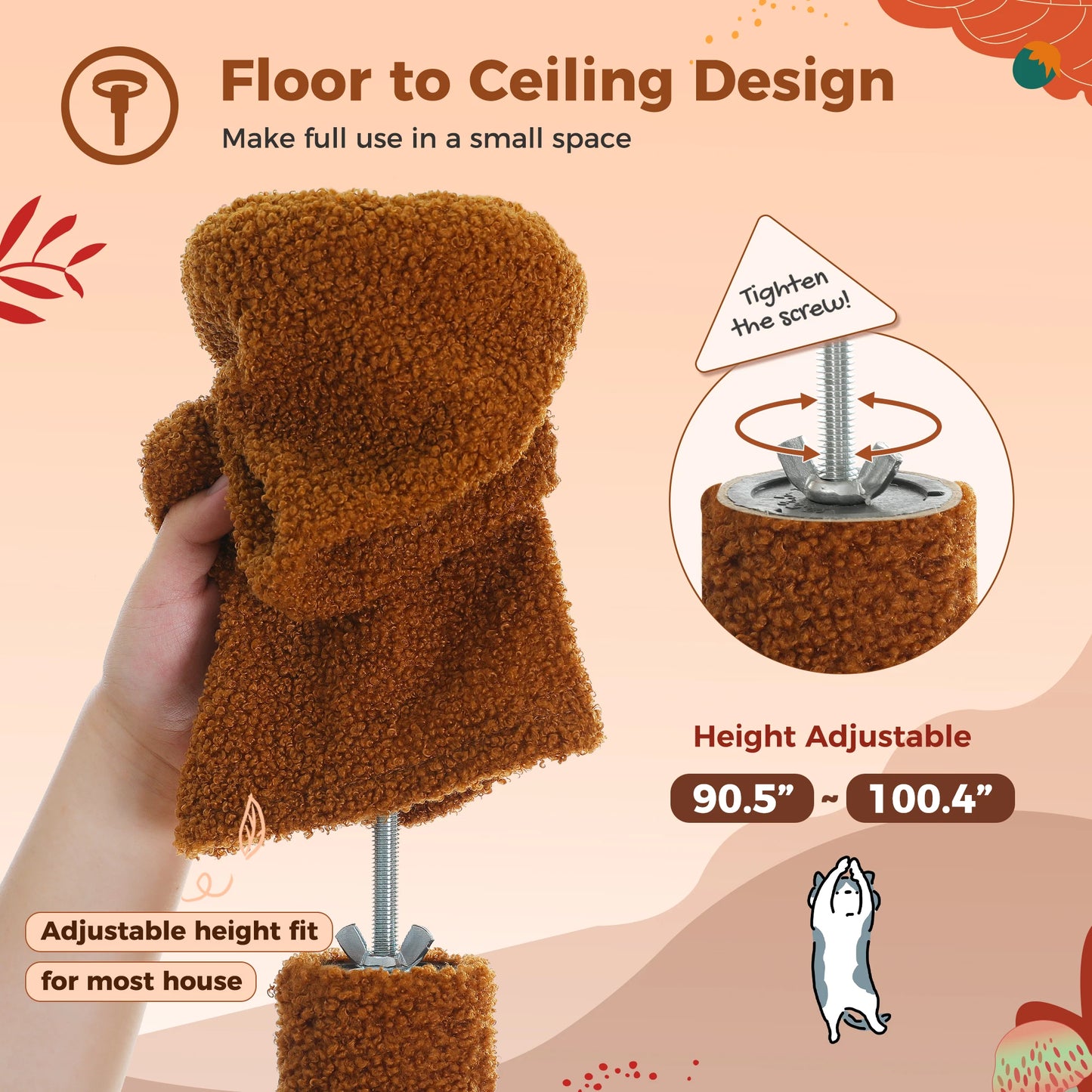 PETEPELA Cat Tree Floor to Ceiling Tower Adjustable Height Cat Condo Hammock