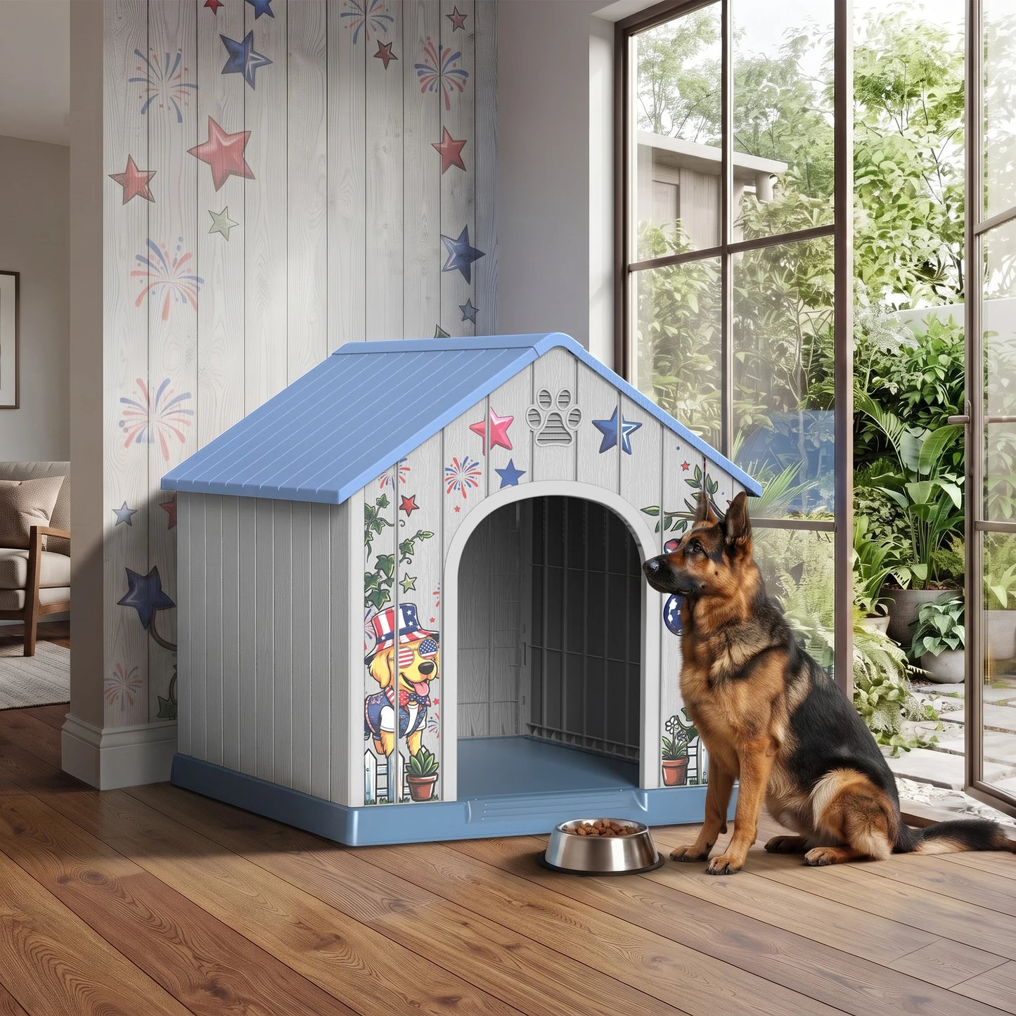 Weatherproof Outdoor Plastic Dog House With Printed Door