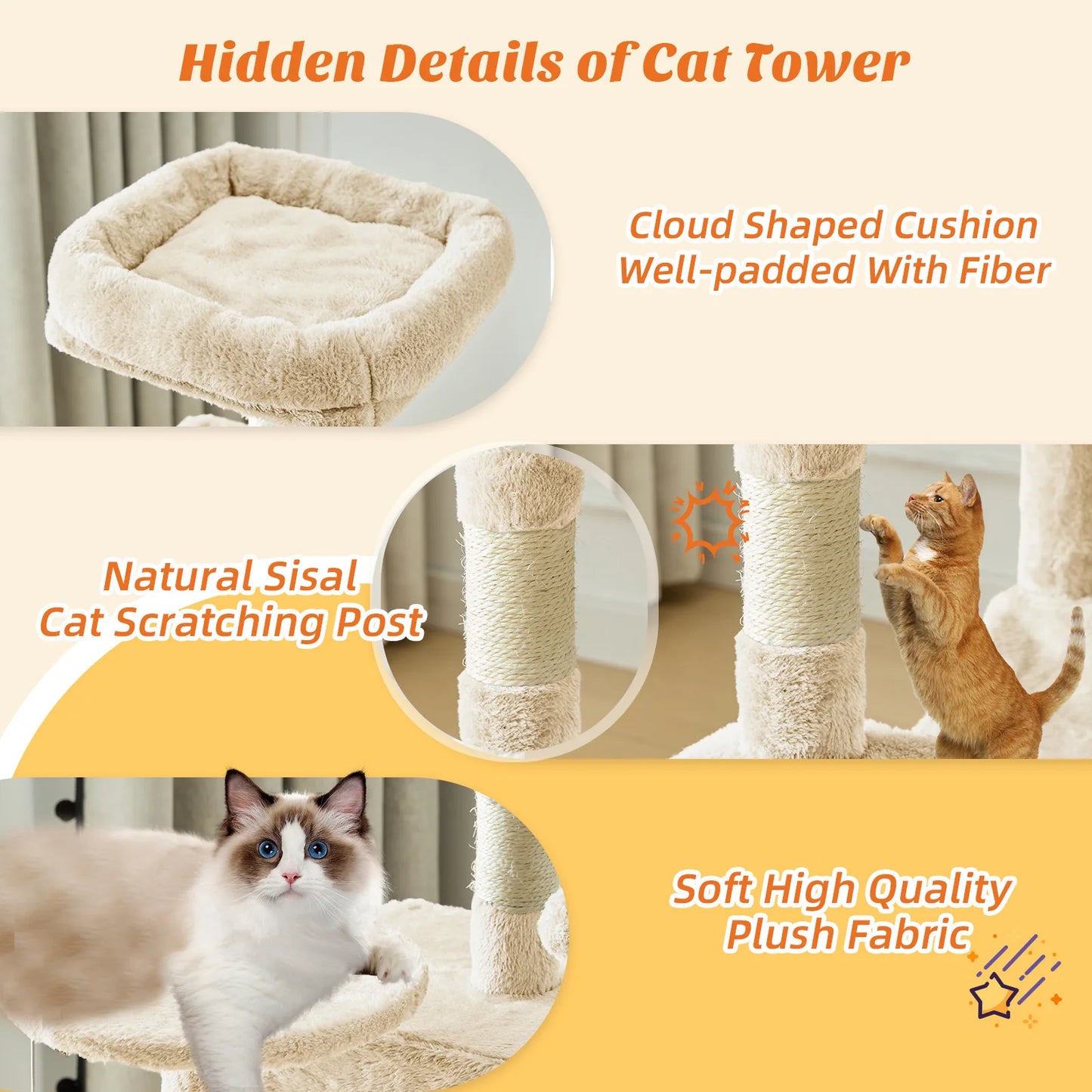 MCQ Cat Tree Tower Four Tier With Natural Sisal Scratching Posts For Indoor Cats
