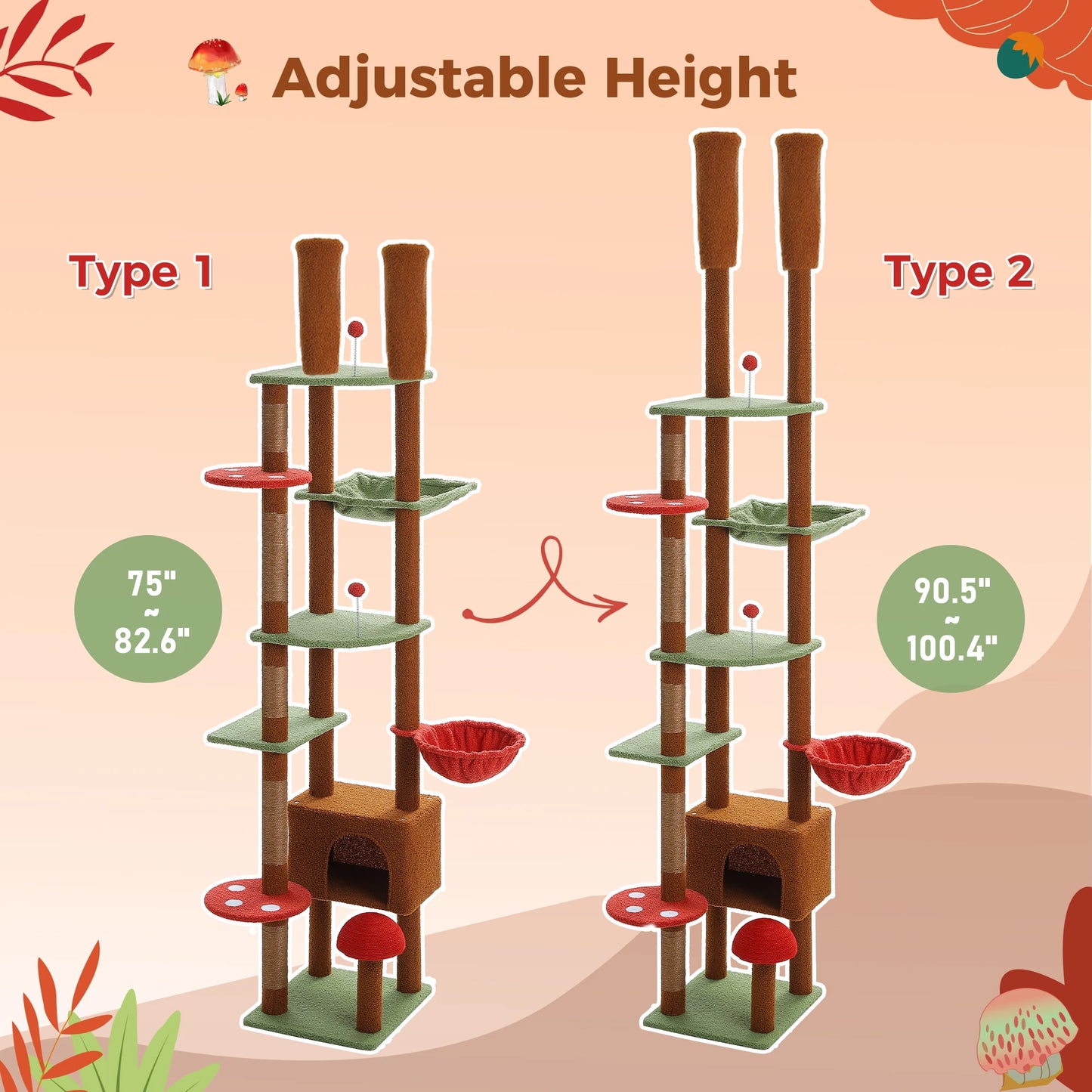 PETEPELA Cat Tree Floor to Ceiling Tower Adjustable Height Cat Condo Hammock