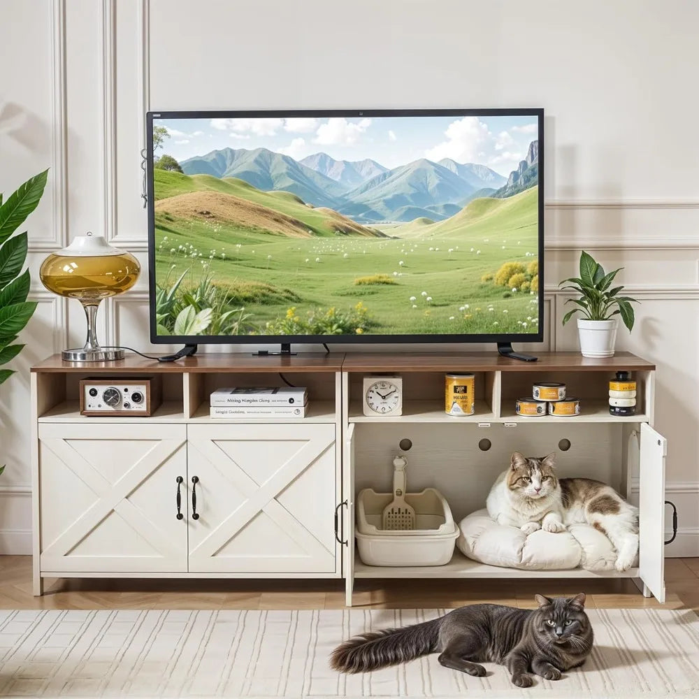 Double Cat Litter Box Enclosure for Two Cats with Outlet