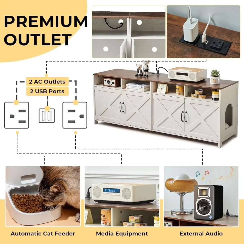 Double Cat Litter Box Enclosure for Two Cats with Outlet