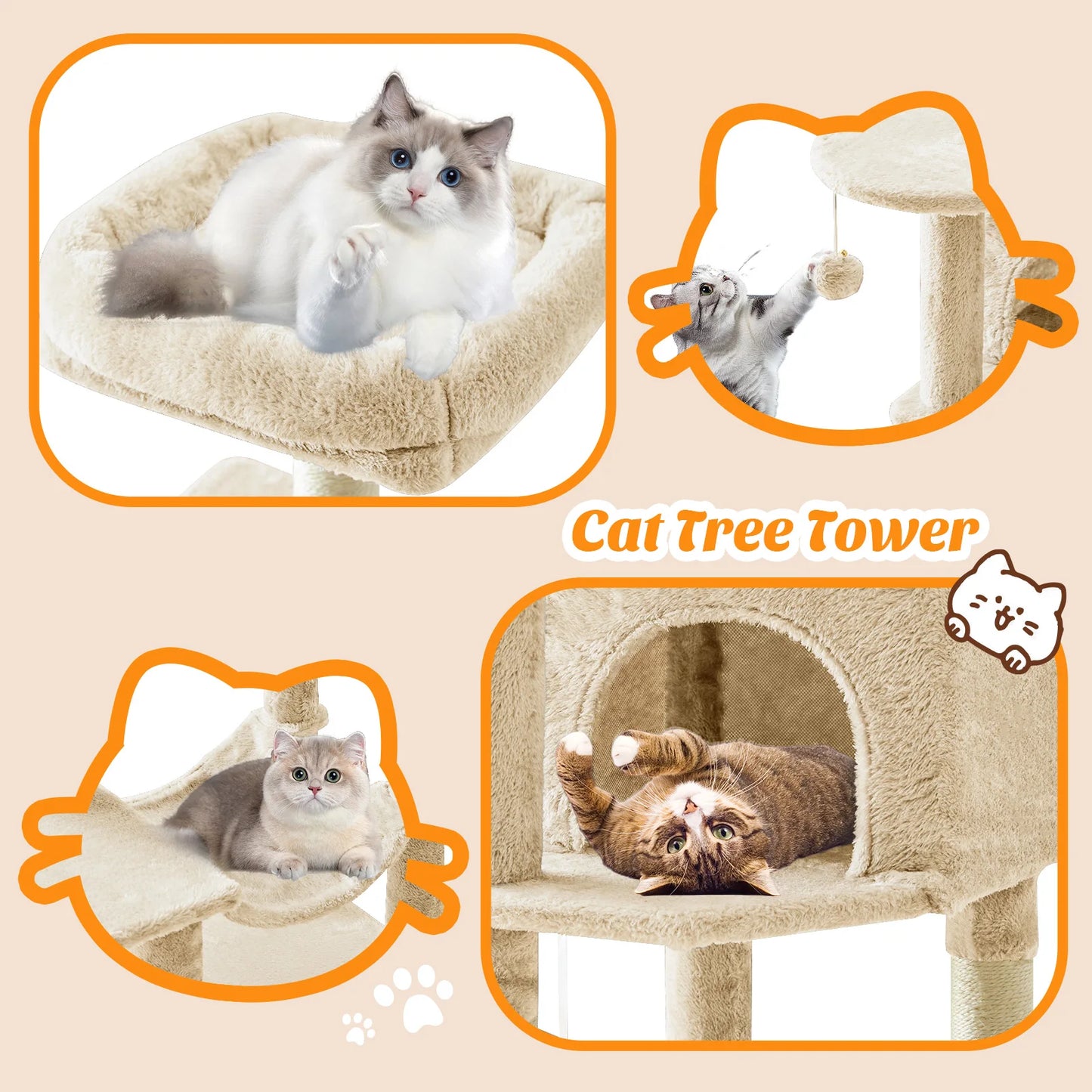 MCQ Cat Tree Tower Four Tier With Natural Sisal Scratching Posts For Indoor Cats