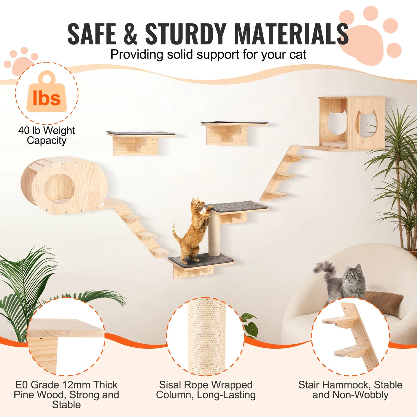 SucceBuy Wall Mounted Cat Shelves And Cat Tree With Hammocks