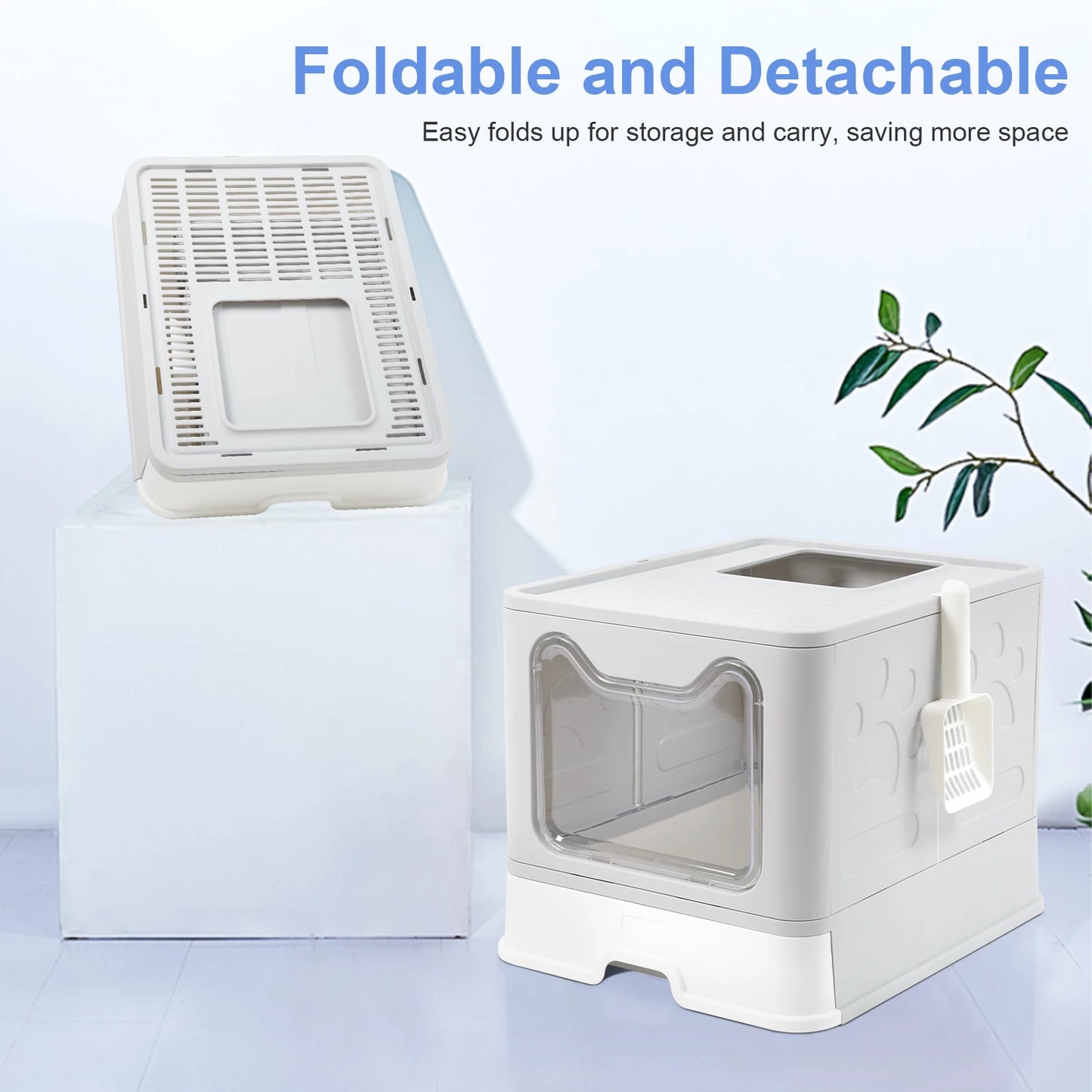 Foldable Cat Litter Box With Front Entry Top Exit Tray