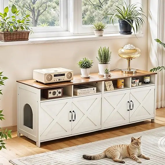 Double Cat Litter Box Enclosure for Two Cats with Outlet