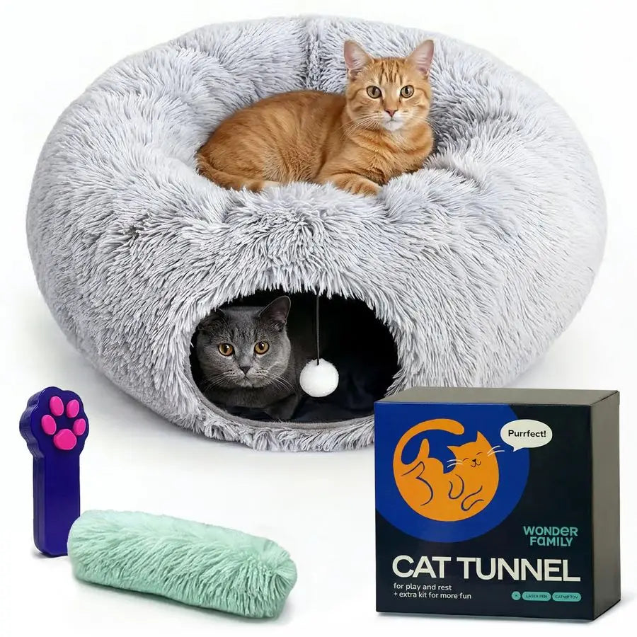 Donut Tunnel Cat Bed Indoor Plush Hideaway With Toys 3in1
