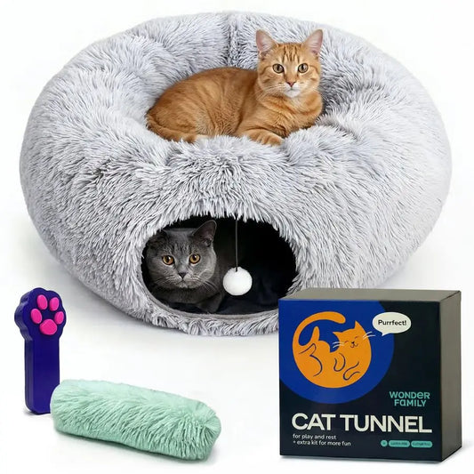 Donut Tunnel Cat Bed Indoor Plush Hideaway With Toys 3in1