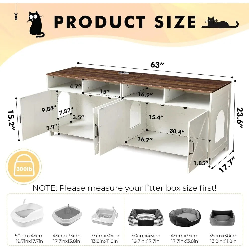 Double Cat Litter Box Enclosure for Two Cats with Outlet