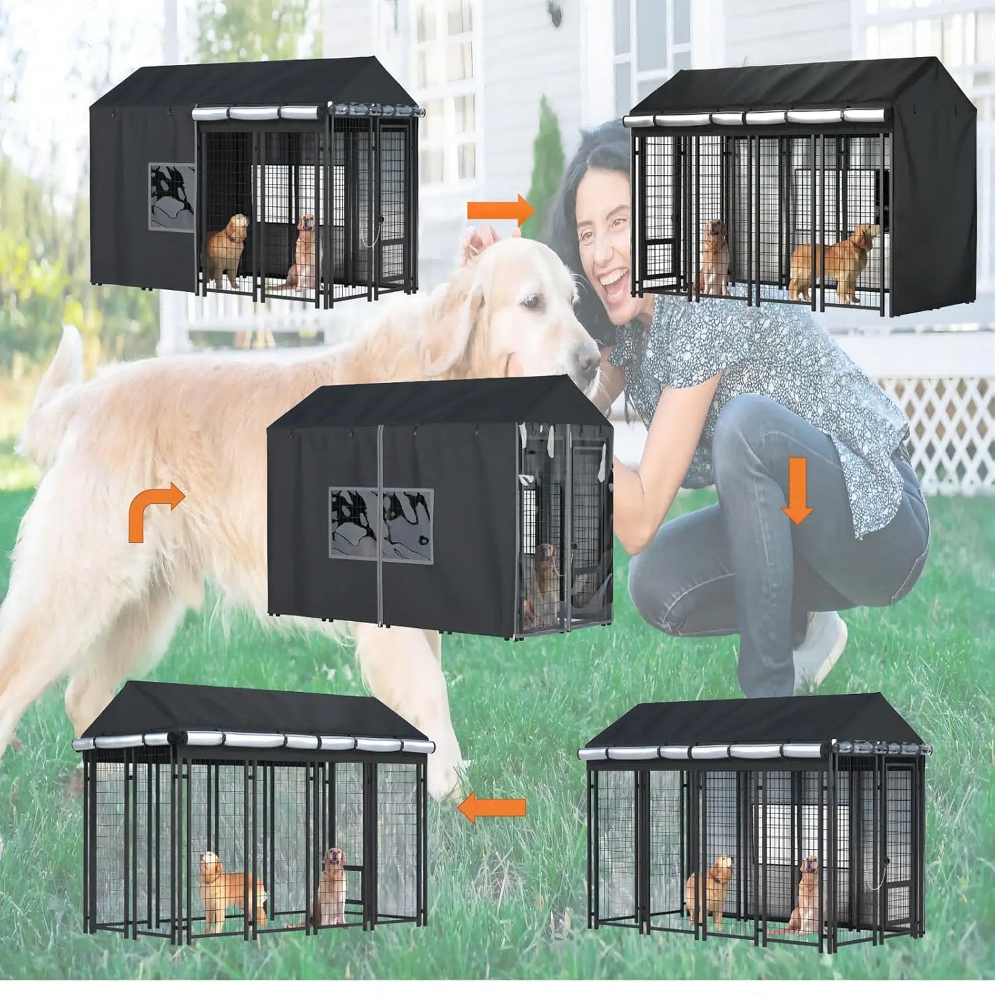 Outdoor Dog Kennel Cover Waterproof Cold Resistant With Zippers PVC Windows