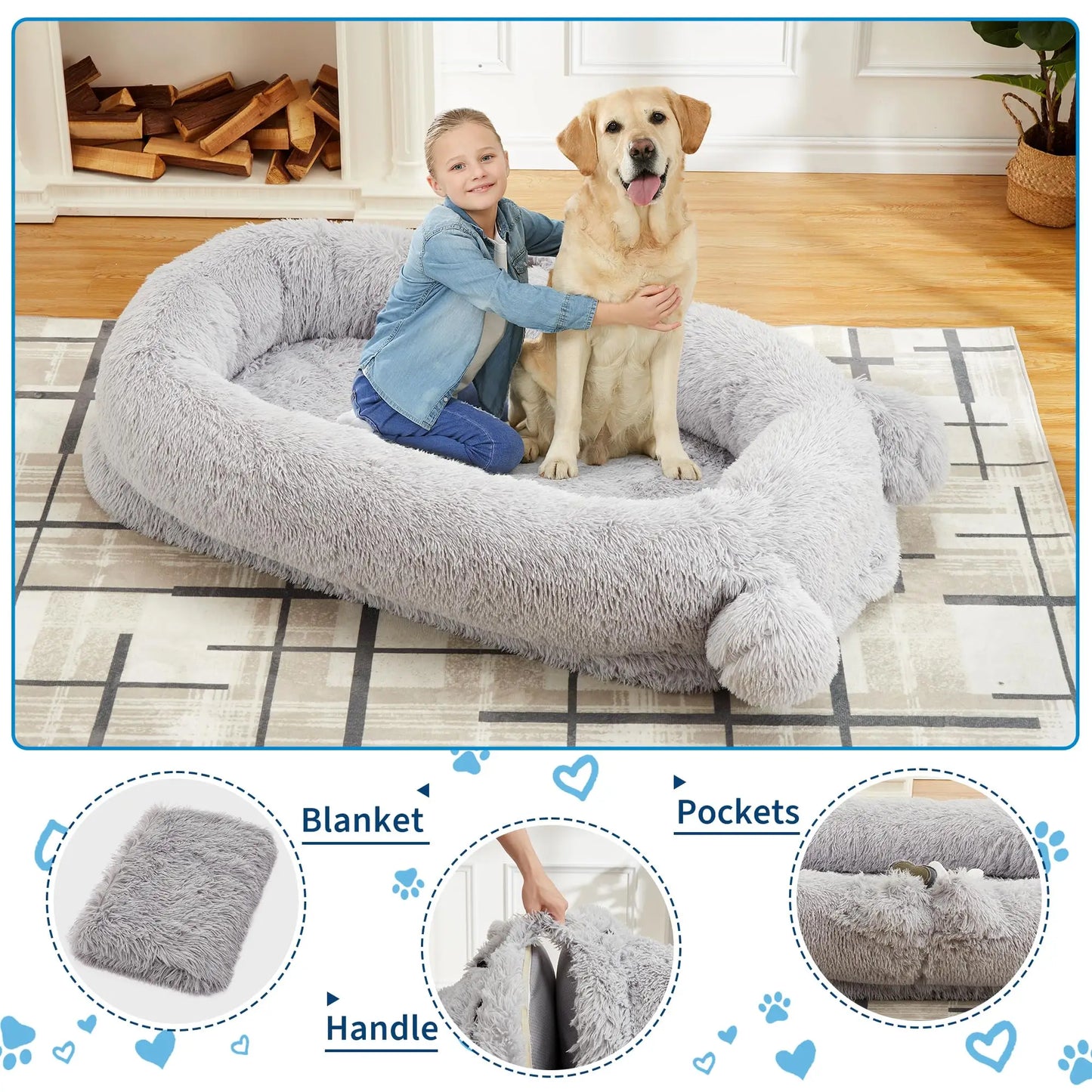 HiMISSCN Dog Bed With Removable Cover Blanket And Storage Pockets