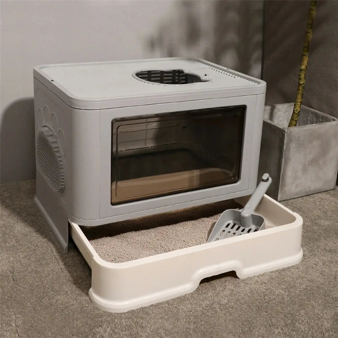 Foldable Cat Litter Box With Front Entry Top Exit Scoop