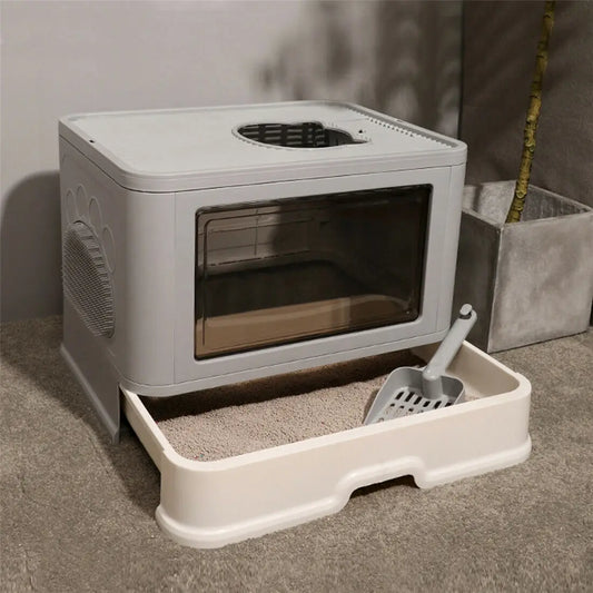 Foldable Cat Litter Box With Front Entry Top Exit Scoop