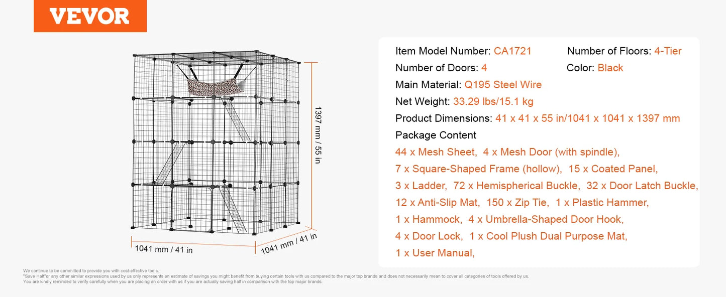 SucceBuy Detachable Metal Wire Cat Cage With Hammock Ramp