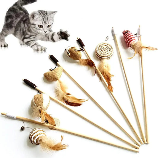 Feather Linen Cat Teaser Wand With Mini Bell Interactive Toy