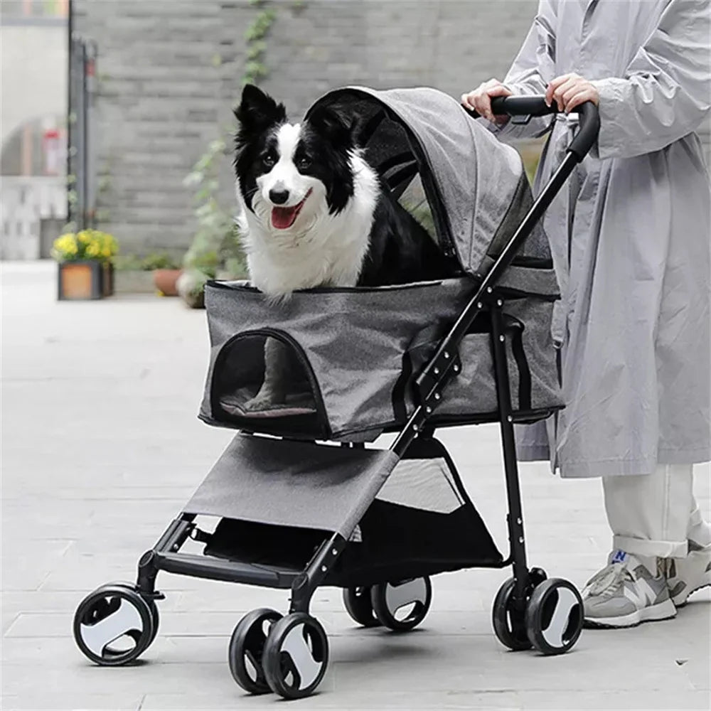 Foldable Pet Stroller With Spacious Storage Basket And Four Wheels