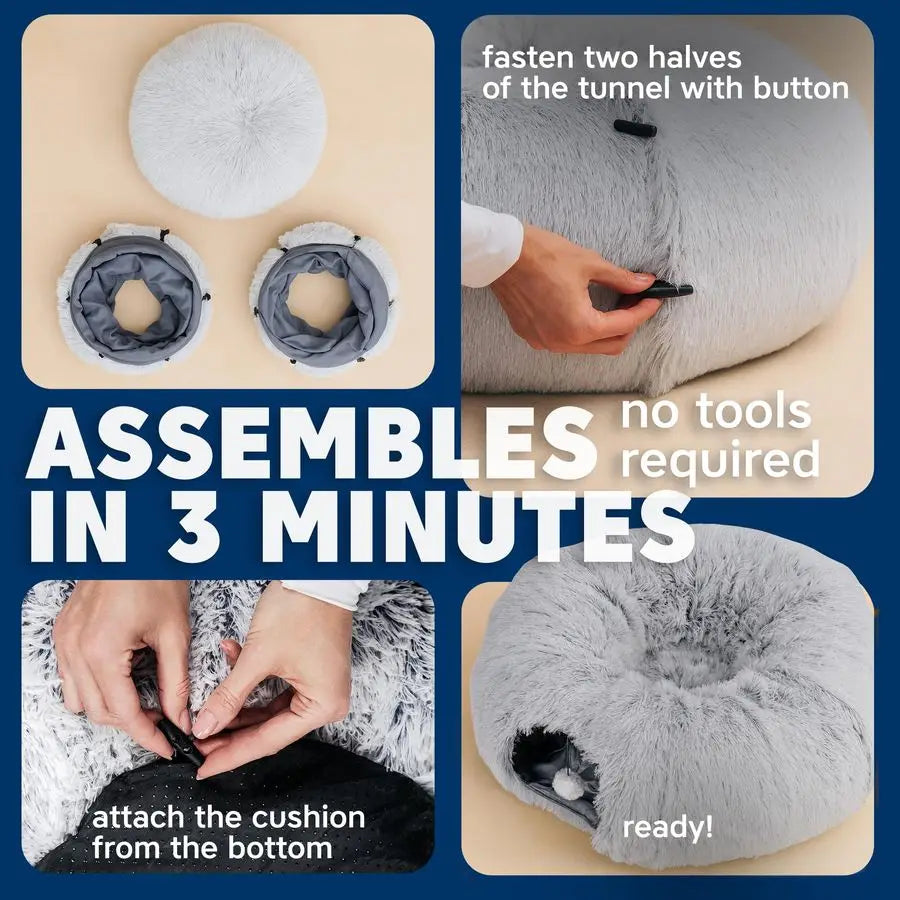 Donut Tunnel Cat Bed Indoor Plush Hideaway With Toys 3in1