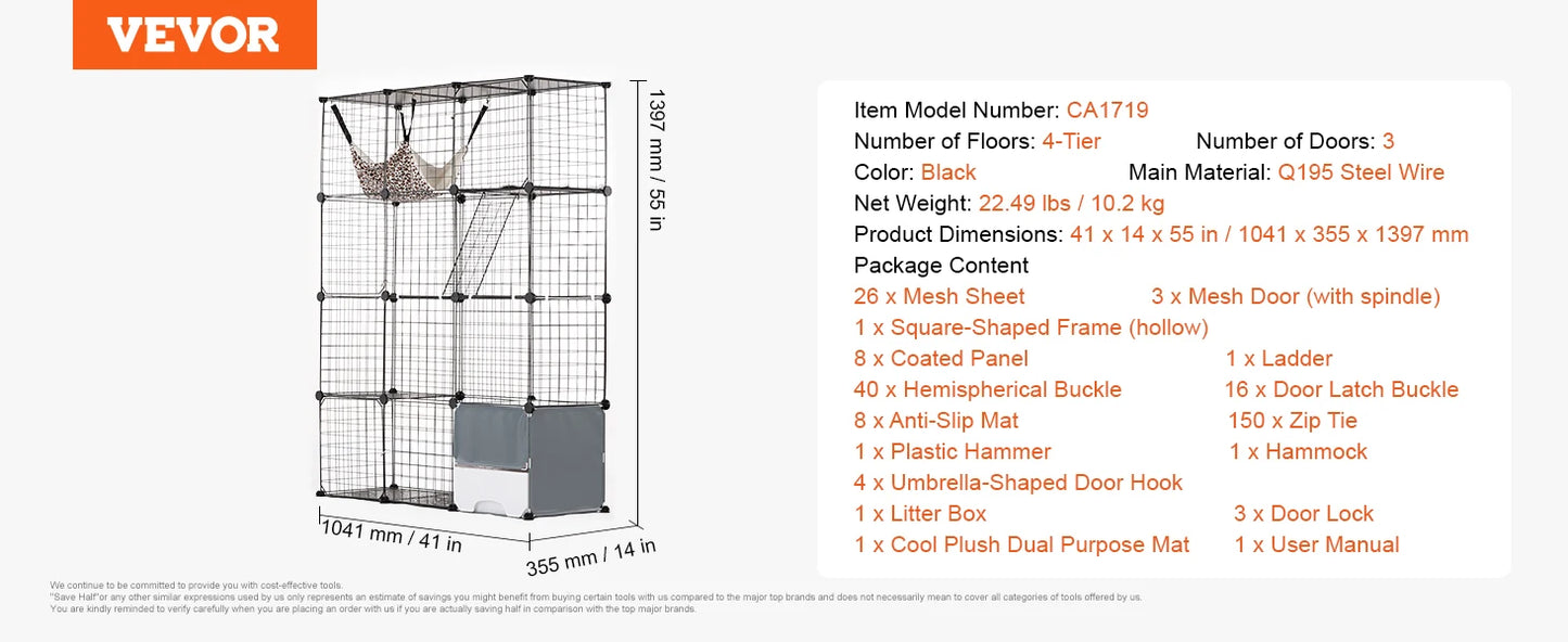 SucceBuy Detachable Metal Wire Cat Cage With Hammock Ramp