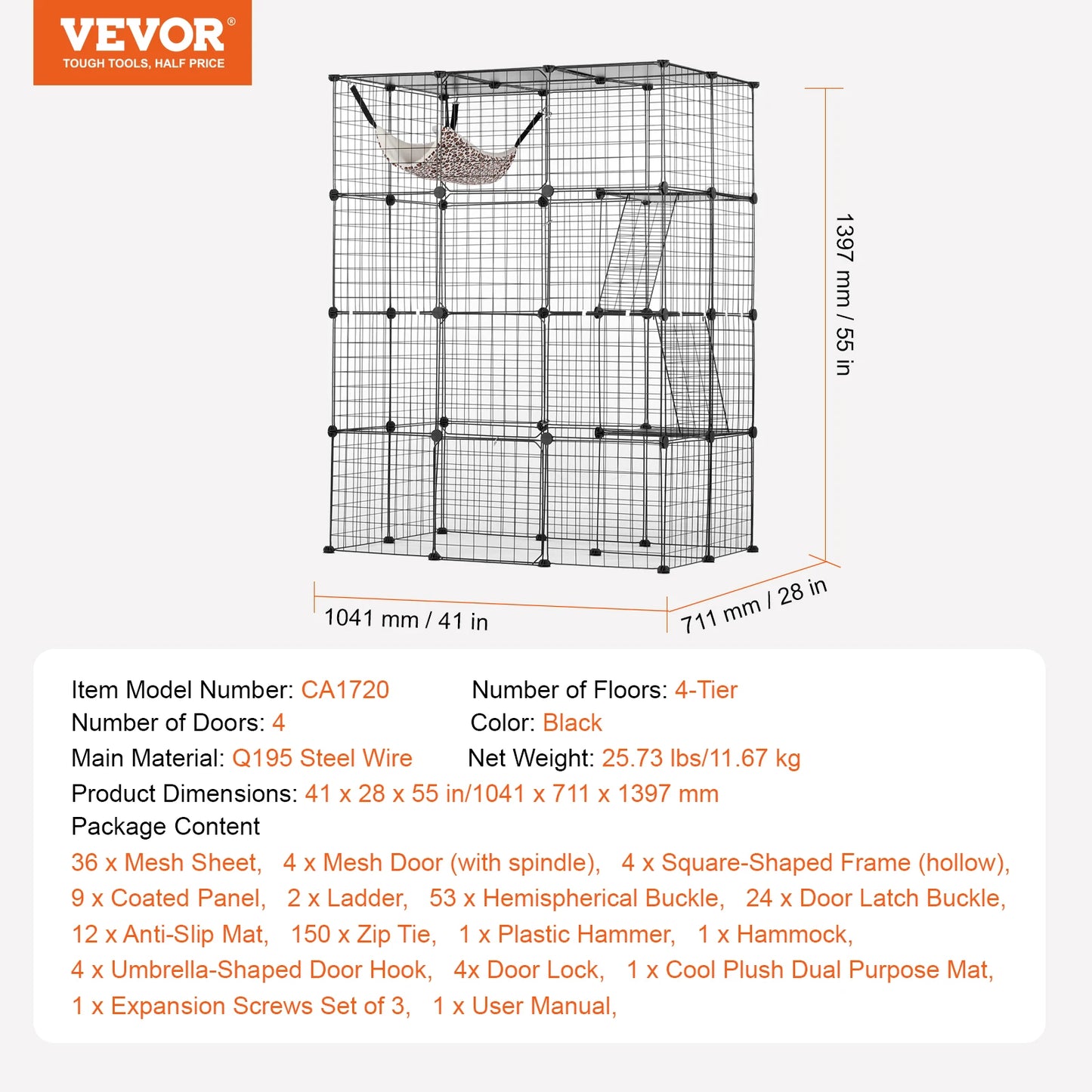 SucceBuy Detachable Metal Wire Cat Cage With Hammock Ramp