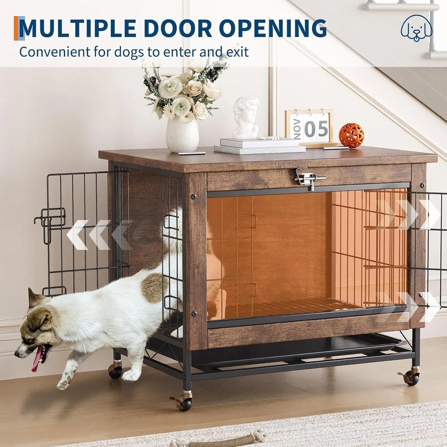 HiMISS Dog Crate Furniture With Wheels Dual Door Tray