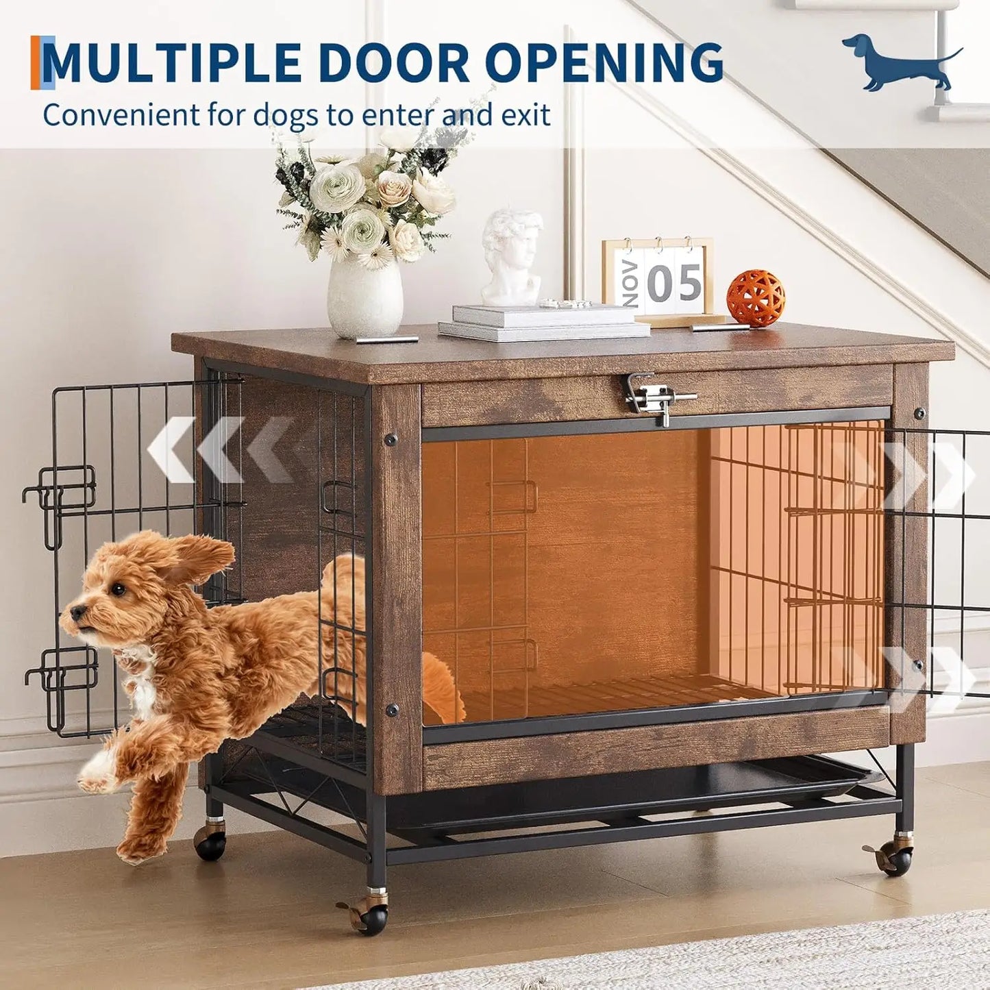 HiMISS Dog Crate Furniture With Wheels Dual Door Tray