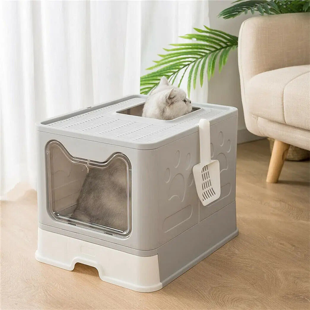 Front Entry Cat Litter Tray With Scoop And Drawer Hooded Foldable