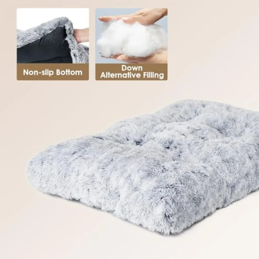 Fluffy Dog Crate Bed Plush Faux Fur Pad Calming Washable For Dogs