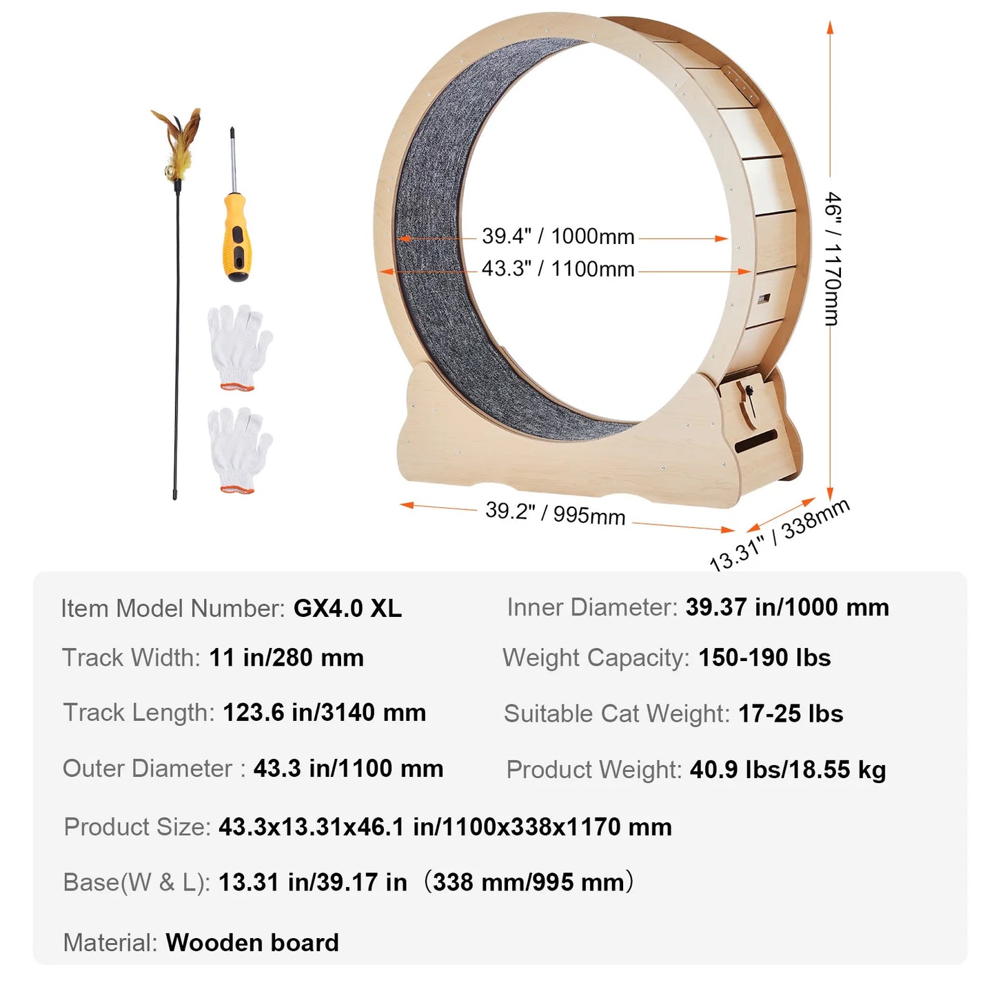 Wooden Cat Exercise Wheel Indoor Treadmill With Detachable Carpet