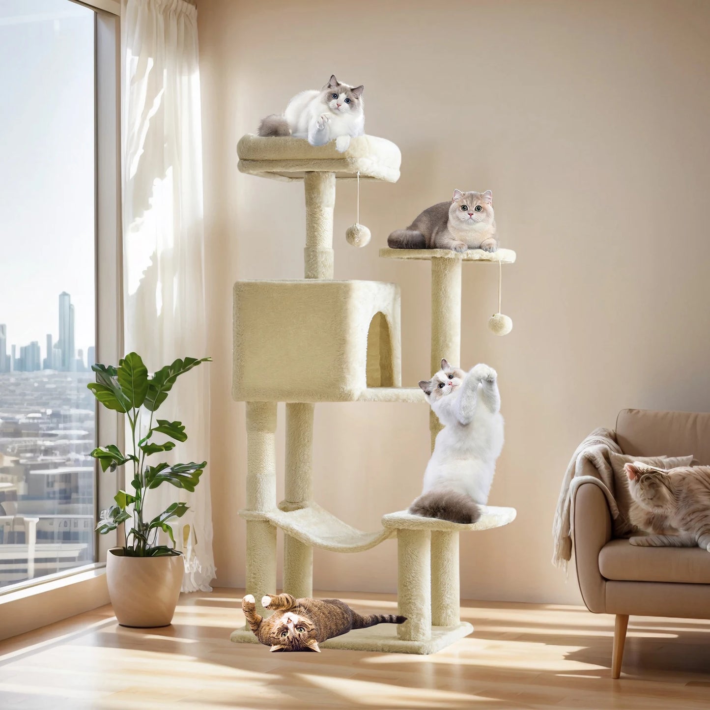 MCQ Cat Tree Tower Four Tier With Natural Sisal Scratching Posts For Indoor Cats