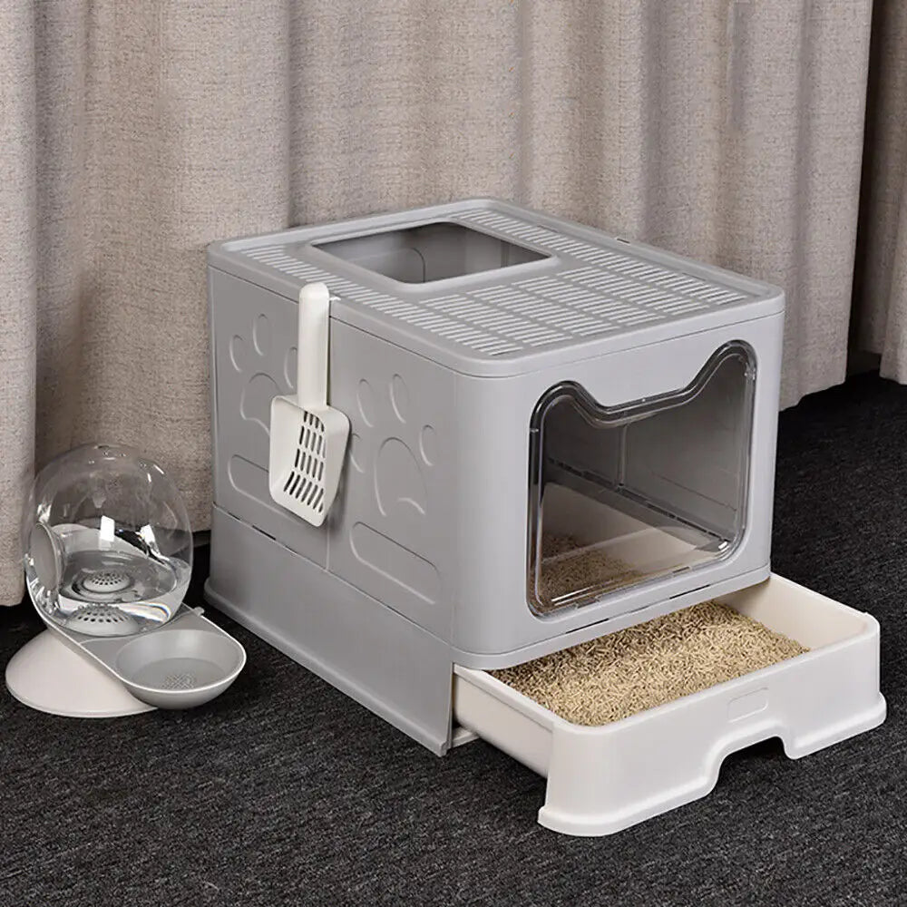 Foldable Cat Litter Box With Front Entry Top Exit Tray