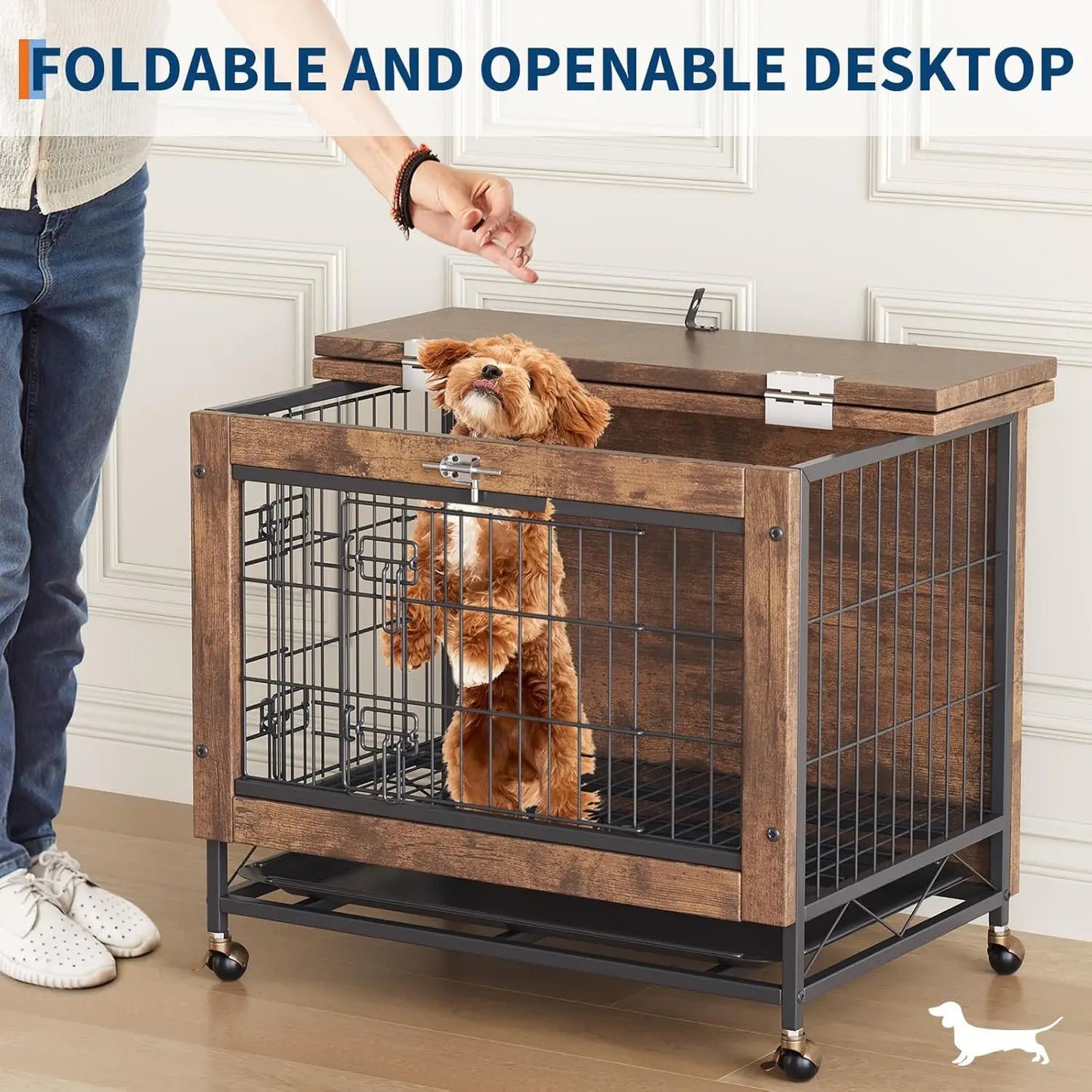 HiMISS Dog Crate Furniture With Wheels Dual Door Tray