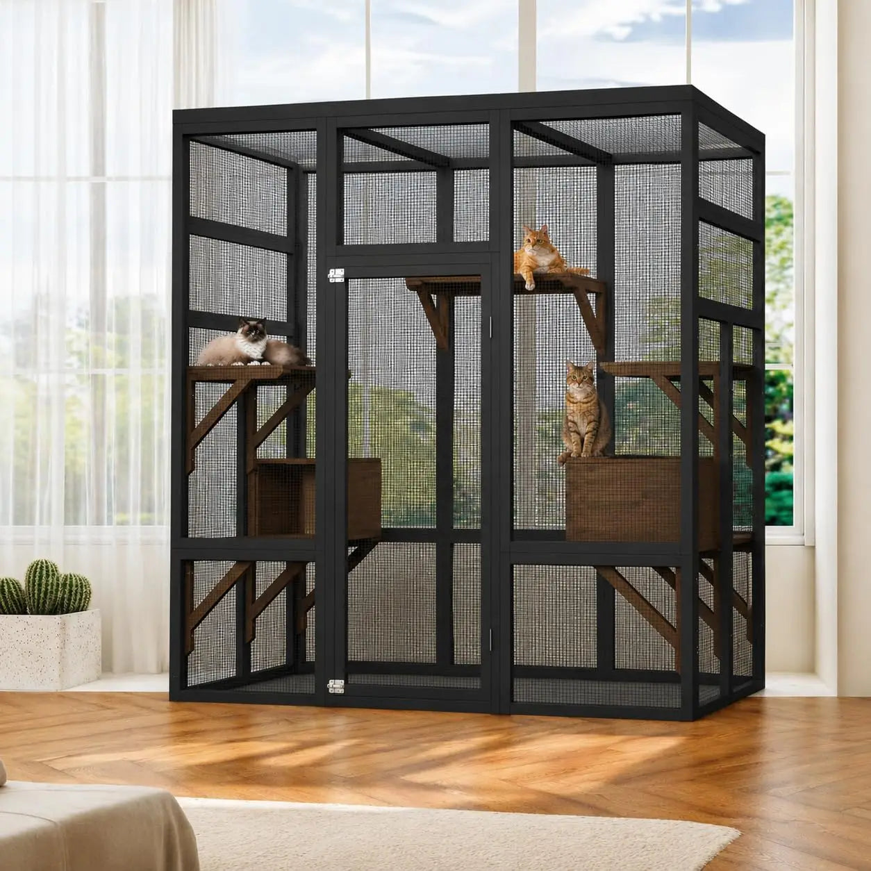 HiMISS Outdoor Catio Cat Enclosure Wooden House With Raised Platforms